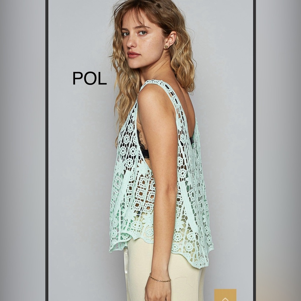 BP213-4💚POL perfection in Green Crochet Tank Top w/a-line shape gr8 4 weekends! - Picture 2 of 7